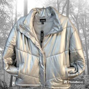 Steve Madden Metallic Silver Downtown Bomber Puffer Jacket NWT Sz Medium